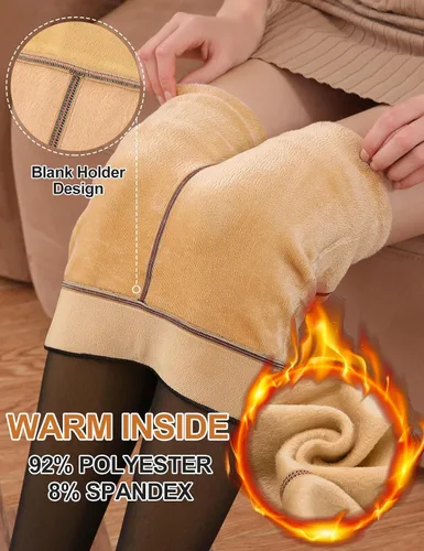 Vista 4 de Yusongirl Mallas con forro polar para mujer, medias translúcidas falsas, cálidas para invierno, leggings térmicos de cintura alta con pies