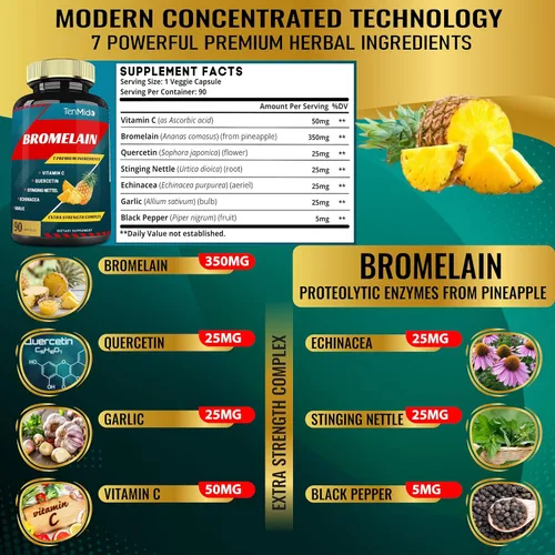 Vista 3 de Cápsulas de extracto de bromelina, enzimas proteolíticas y VitC, quercetina, equinácea, ajo, pimienta, ayuda a la salud de la digestión, absorción