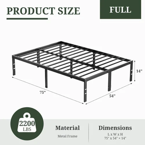 Vista 2 de Marco de cama de tamaño matrimonial, plataforma de metal de 14 pulgadas con Negro