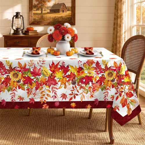 Vista 7 de Mantel de rama de pájaros de otoño impermeable, mantel rectangular de hojas de arce resistente a las manchas, mantel lavable para decoración