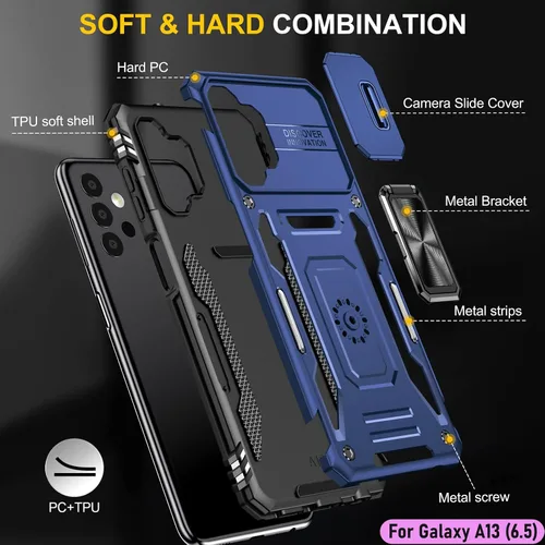 Vista 3 de Funda resistente para Samsung Galaxy A13 (5G), protector híbrido de goma de doble capa de grado militar con protector de cámara deslizante, soporte