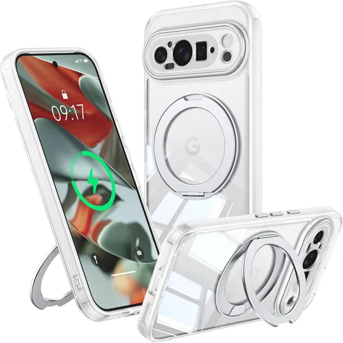 Vista 20 de 【Soporte magnético giratorio de 360°】 Funda para Google Pixel 8A 【Compatible con MagSafe y Pixelsnap】 Funda con soporte de anillo 【Transparente sin
