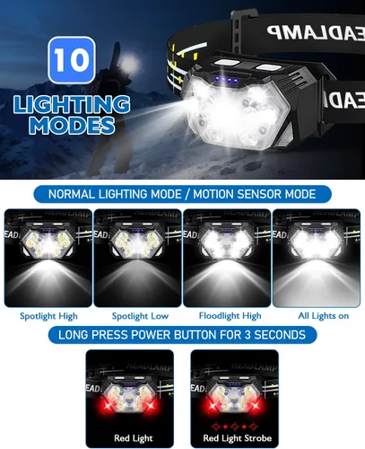 Vista 3 de Linterna frontal ultra brillante de 9 LED de 2000 lúmenes, linterna recargable USB C, 10 modos, lámpara de cabeza con sensor de movimiento