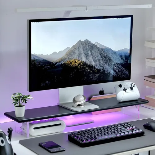 Vista 8 de Soporte elevador de bambú para monitor con luces RGB, estante de escritorio de 31.5 pulgadas con patas acrílicas para escritorio, monitor