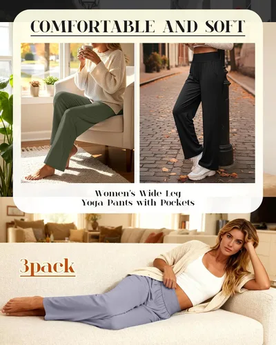 Vista 51 de Neer - Conjunto de 3 pantalones de yoga de pierna ancha para mujer - Pantalones deportivos cómodos, holgados, de cintura alta y casuales