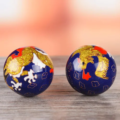Vista 4 de BRABUD Bolas de Baoding de 1.97 pulgadas para ejercicio de mano, bolas de estrés con campanillas, patrón de dragón y fénix, bolas azules con caja