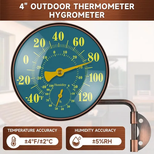 Vista 5 de Termómetro higrómetro para exteriores de 4 pulgadas, termómetro retro de latón para patio, medidor de temperatura impermeable con esfera fácil
