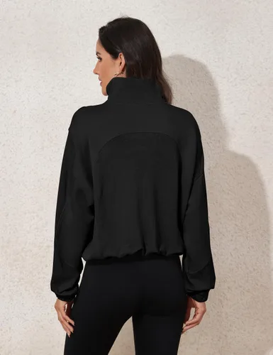 Vista 5 de kayamiya Sudadera corta con cremallera y cuello alto y cordón ajustable para mujer, con bolsillos