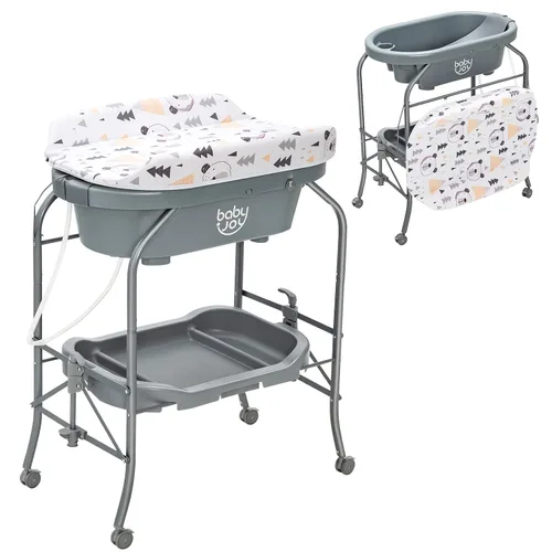 Vista 10 de BABY JOY Bañera para bebé con cambiador, estación plegable para cambiar pañales con bandeja de almacenamiento, almohadilla impermeable, organizador