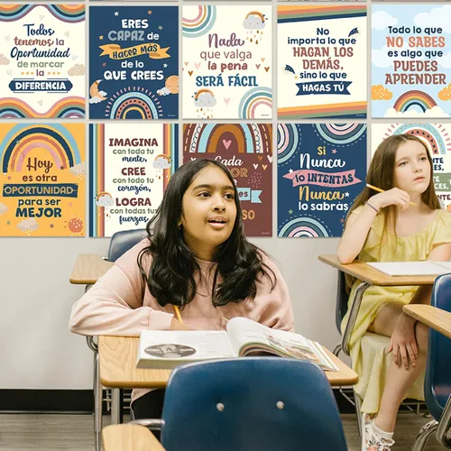 Vista 4 de Decorably 15 carteles de aula de español boho arco iris escuela secundaria Arco iris Boho