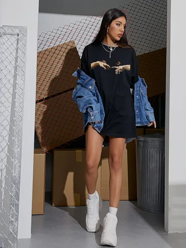 Vista 6 de WDIRARA Vestido de manga larga con cuello redondo y estampado gráfico de gran tamaño para mujer