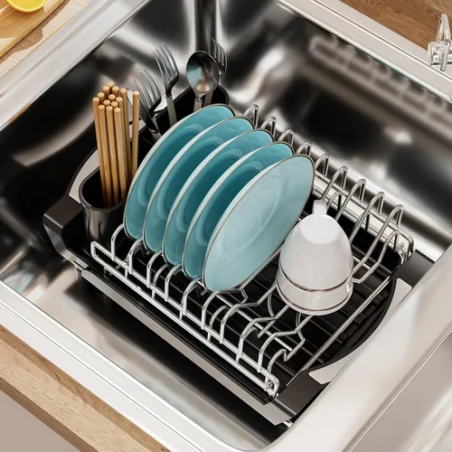 Vista 2 de Expandable 2-Level Dish Rack with Removable Storage – Space Saving Stainless Steel Dish Drainer, Adjustable from 30.5cm to 49.5cm for Small Kitchen