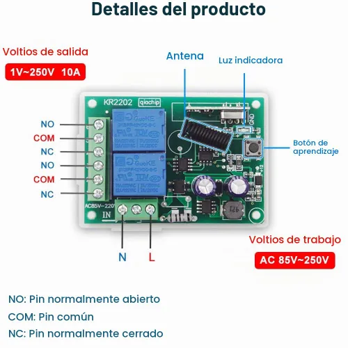 Vista 4 de AC 110V 120V 220V Control remoto inalámbrico RF interruptor de relé universal 2-Ch receptor con 2 transmisores para abridores de puertas de garaje