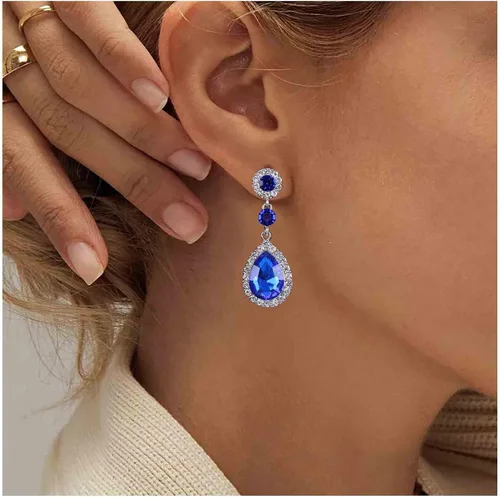 Vista 3 de Aretes de gota de cristal de zafiro vintage, aretes de zafiro en gota de agua, aretes de plata con diamantes de imitación azules, aretes de novia