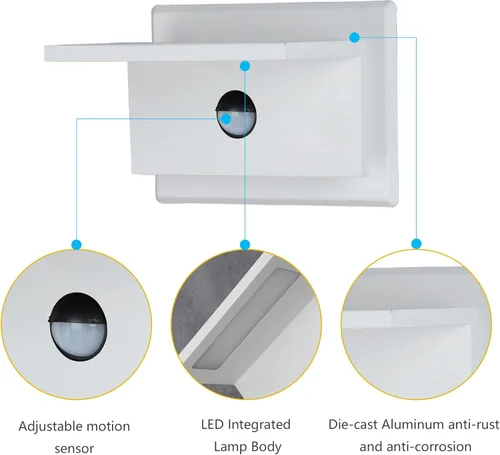 Vista 3 de Lustrlach Luces de pared para exteriores con sensor de movimiento, color blanco, para casa, moderna, LED, impermeable, de aluminio, para montaje