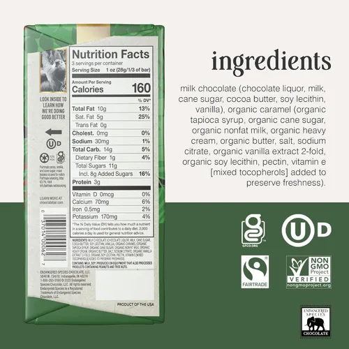 Vista 2 de Barra de Chocolate Especie en Peligro 3oz (Paquete de 12) (Chocolate con Leche Natural al 48% de Cacao con Caramelo)
