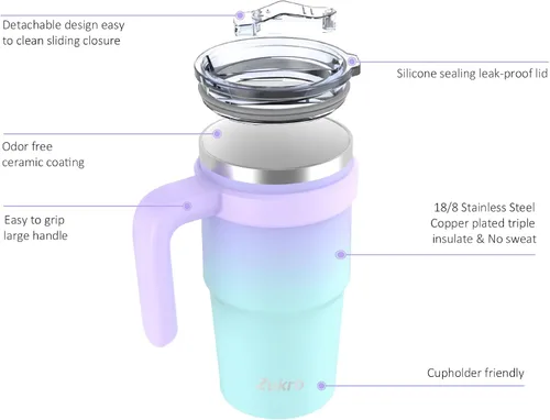 Vista 3 de Zukro - Vaso aislado con forro de cerámica de 20 onzas con asa y pajilla, diseño a cuadros No Metal Taste, Double Wall Stainless Steel Coffee Cup