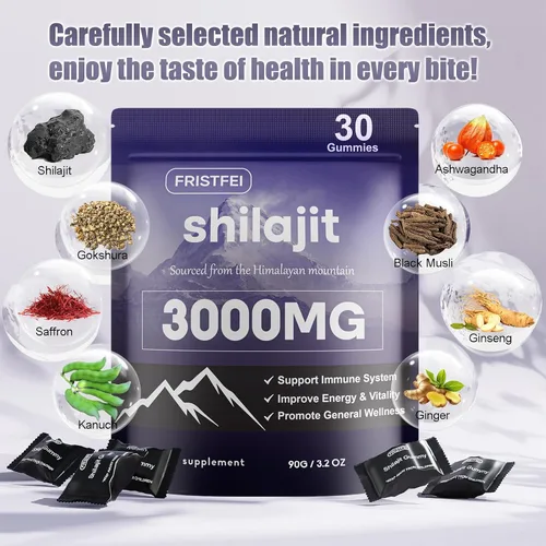 Vista 3 de Gomitas puras de Shilajit del Himalaya para hombres y mujeres, 100% naturales y orgánicas, más de 85 minerales traza y ácido fúlvico, 30