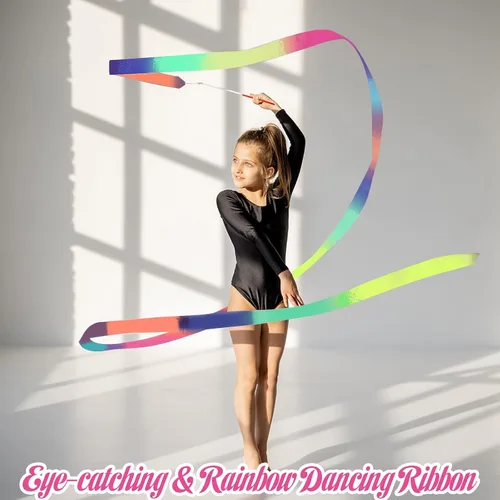 Vista 4 de 2 varitas de cinta para danza de arcoíris para niños, 78.74 pulgadas de cinta rítmica de gimnasia con varilla, cinta de arcoíris suave para danza