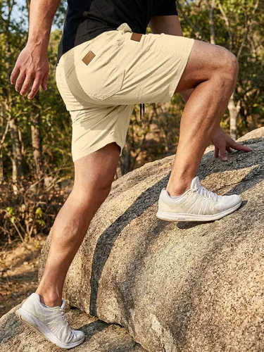 Vista 3 de JMIERR Pantalones cortos casuales de algodón con cordón de verano para la playa de sarga elástica chino golf corto con bolsillos Beige
