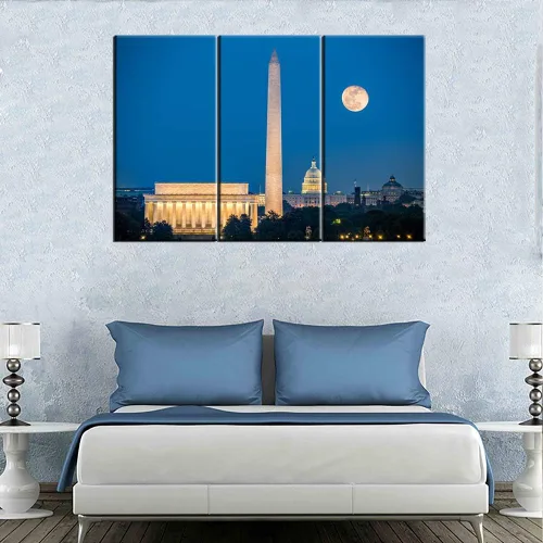 Vista 4 de Arte de pared de lienzo de 3 piezas - Memorial de Lincoln, Monumento a Washington y Edificio del Capitolio en Washington DC visto desde Arlington