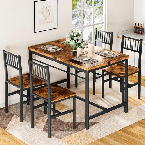 Vista 3 de Lamerge Juego de mesas de cocina para 4, juego de mesa de comedor rectangular con 4 sillas de respaldo, juego de mesa de comedor de 5 piezas
