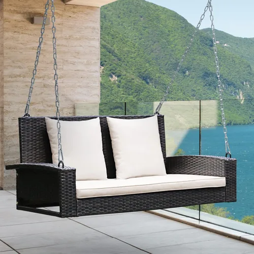 Vista 2 de RELAX4LIFE - Columpio de mimbre de 2 asientos, con dos cadenas de acero sólido de 7.9 pies, cómodos cojines de respaldo y asiento, para pórtico