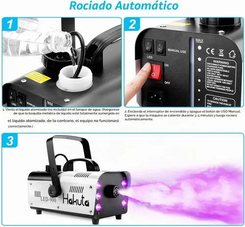 Vista 4 de HAKUTA Máquina de niebla, máquina automática de humo de 900 W con 6 luces LED y 7 variaciones de color, salida de 6000 CFM con control remoto