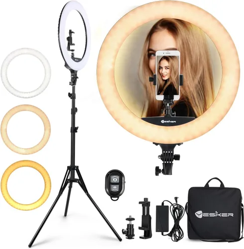Vista 10 de Anillo de luz con soporte de trípode, kit de anillo de luz LED de 14 pulgadas Yesker con soporte para teléfono, temperatura de color ajustable