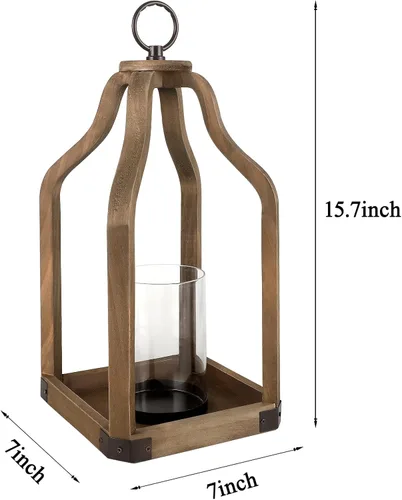 Vista 2 de Portavelas de linterna de madera rústica para decoración de granja - Centro de mesa para interiores y exteriores con linterna de vidrio, 15.7
