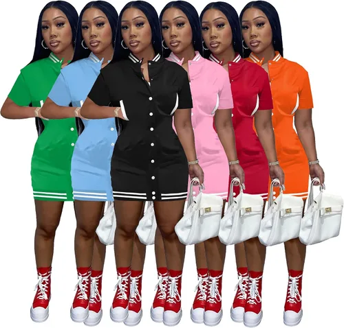 Vista 3 de Vestido casual de béisbol deportivo para mujer vestido de manga corta a presión con botones ajustado mini vestidos cortos para calle
