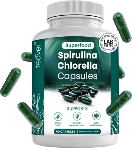 Vista 9 de Teaveli Cápsulas orgánicas de espirulina y clorella, 180 pastillas de clorofila, cápsulas de polvo de algas verdes azules para apoyar