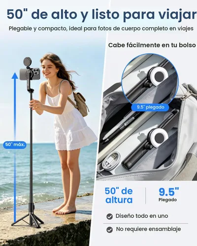 Vista 4 de UBeesize Trípode magnético para selfie stick con luz regulable y control remoto recargable, soporte de trípode portátil de viaje para teléfonos