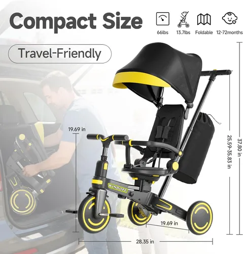 Vista 2 de WinHope Triciclo de empuje 9 en 1 para niños pequeños de 1 a 3 años, triciclo convertible para niños con asa de empuje y cinturón de seguridad