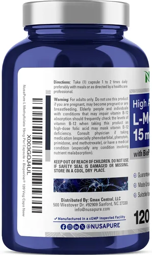 Vista 3 de NusaPure L Metilfolato 15 mg, 120 cápsulas vegetales, bioperina y vegano