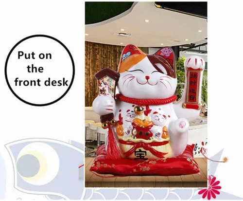Vista 2 de Gato de la suerte de la fortuna de 10 pulgadas con brazo agitador operado en oro, gato chino Feng Shui Deoration Lucky Cat para tiendas
