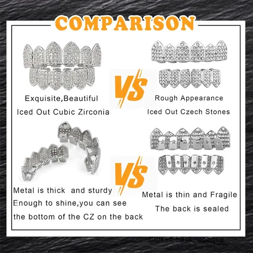 Vista 3 de JINAO Grillz Parrillas de Diamantes para Tus Dientes para Hombres y Mujeres Chapadas en Oro de 18K Heladas Macro Pavé de Circonita Cúbica Parrilla