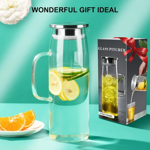 Vista 8 de PARACITY Jarra de vidrio con tapa y boquilla de 50 onzas/1.5 L, jarra de agua caliente/fría, jarra de té helado para el estante del refrigerador