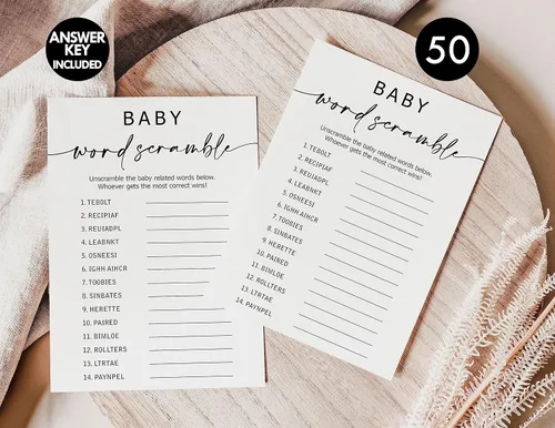 Vista 3 de All Ewired Up Juego de 50 palabras para baby shower (50 cartas), divertido juego de baby shower, género neutro para niño o niña, minimalista