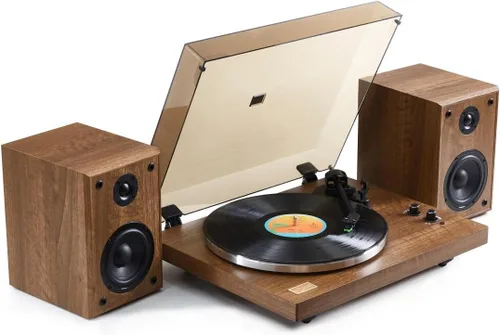 Vista 2 de Arkrocket Cassini - Tocadiscos Bluetooth de alta fidelidad con altavoces integrados, tocadiscos de vinilo con cartucho magnético móvil, salida