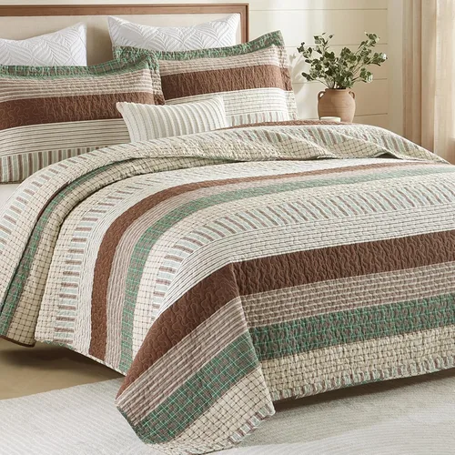 Vista 11 de Finlonte Edredón tamaño King, 100 % algodón, juegos de colcha tamaño King, colchas a cuadros azules, beige y blancas, ligeras, suaves