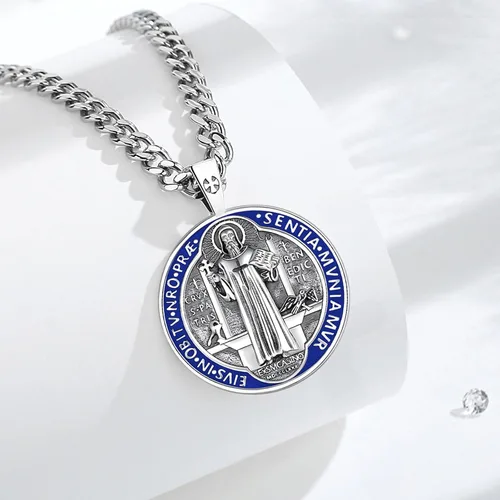 Vista 11 de Vito Collar de plata de ley 925 para mujeres y hombres, San Benito, crucifijo, Caravaca, San Cristóbal, San Judas, medalla patronal, amuleto