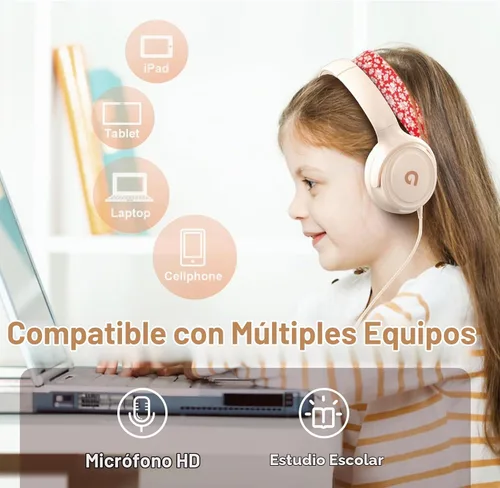 Vista 7 de ADOOPE - Auriculares para niños con cable, conector de 3,5 mm, control de volumen seguro de 85/94 dB, micrófono incorporado, auriculares para Beige