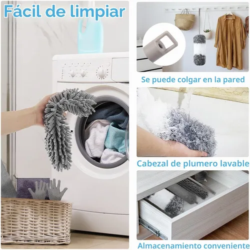 Vista 5 de Plumero de microfibra con poste de extensión de 30 a 100 pulgadas, reutilizable, flexible, lavable para limpiar ventilador de techo, techo alto