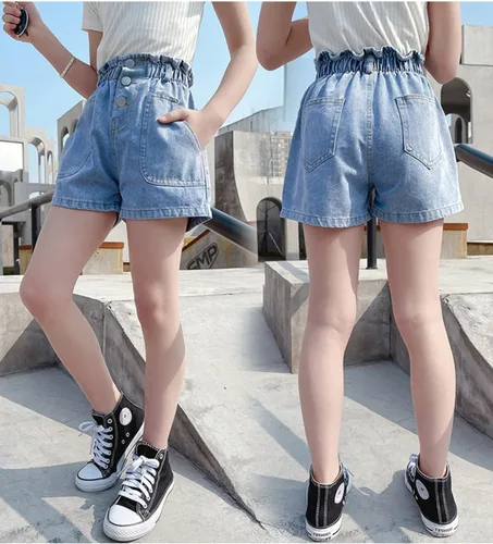 Vista 6 de Rolanko Pantalones cortos de mezclilla para niñas, cintura elástica, pantalones cortos de mezclilla de verano para niños de 4 a 14 años