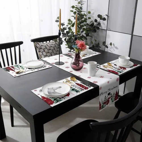 Vista 3 de Christmas Snowman Table Mats Set of 2 With Table Runner 70 Inches Long,Cotton Linen Tablerunner Burlap Kitchen Dining Placemats for