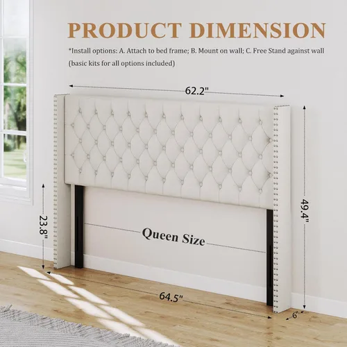 Vista 2 de Furpopup Cabecero tamaño Queen solamente, cabecero de pared con respaldo de ala, tamaño Queen para cama ajustable con acolchado de espuma de alta