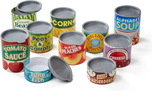 Vista 5 de Melissa & Doug, ¡Juguemos a la casa! Accesorios de cocina, Latas de comida, 10 latas apilables con tapas extraíbles Latas de comestibles