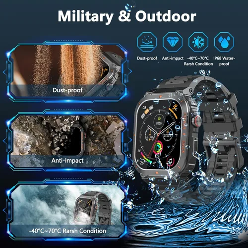 Vista 7 de Reloj inteligente para hombre, relojes inteligentes militares con GPS con llamada/texto, monitor de salud (frecuencia cardíaca/spO2/sueño), Negro