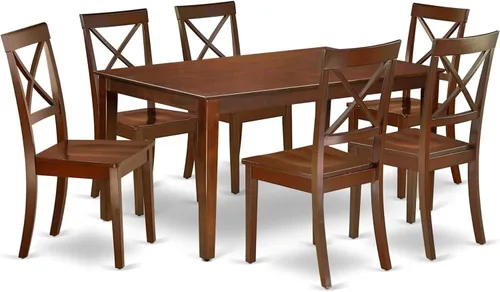 Vista 9 de HomeStock El juego de mesa de comedor moderno de 7 piezas consta de una mesa rectangular de madera y 6 sillas tapizadas de tela de lino café, 36 x
